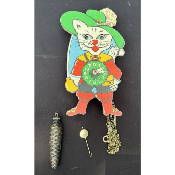 Vintage Googly Moving Eye German Cat Puss & Boots Pendulette Wall Cuckoo Clock - Picture 1 of 12